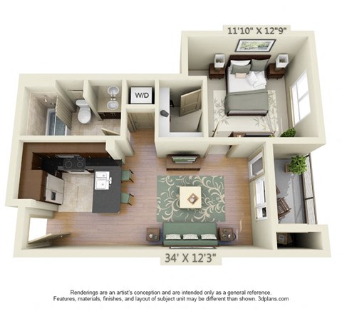 Floor plan for 1 bed, 1 bath, 758 sqft